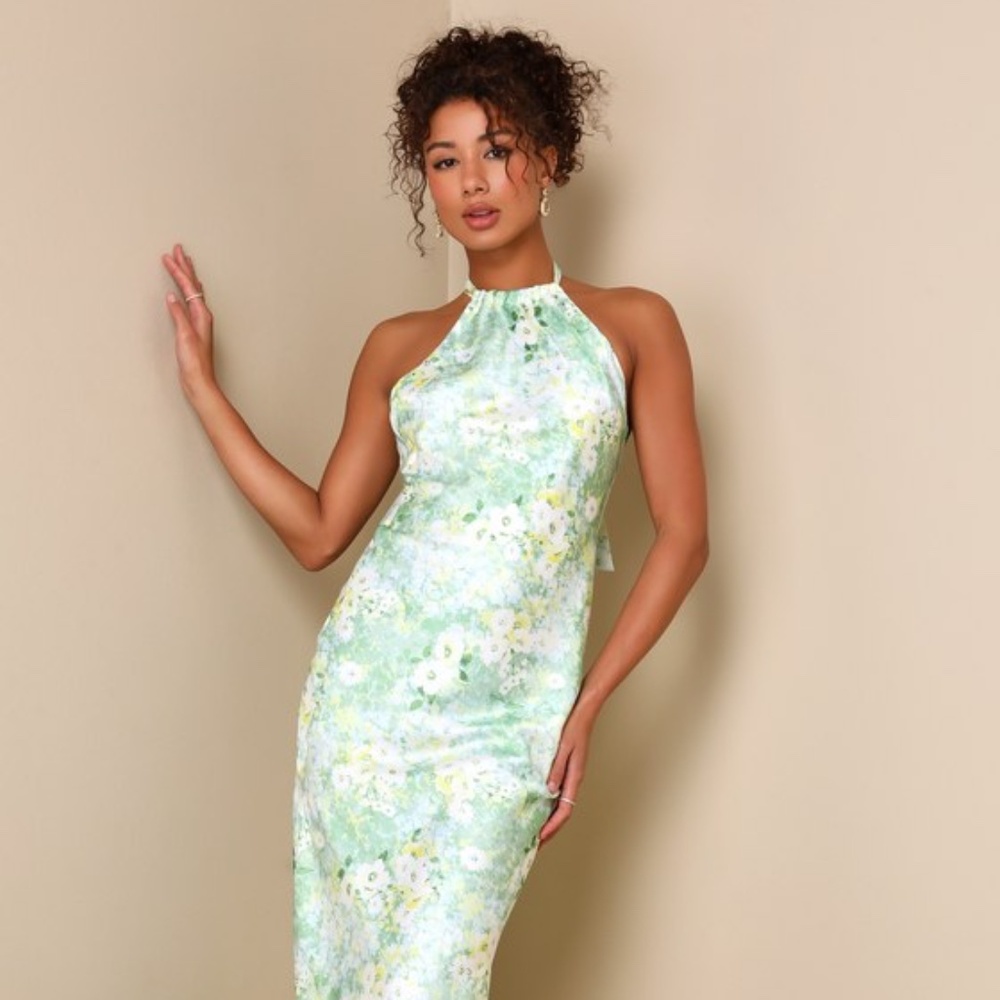Lulus Glowing Presence Light Green Floral Satin Halter Maxi Dress - Size M